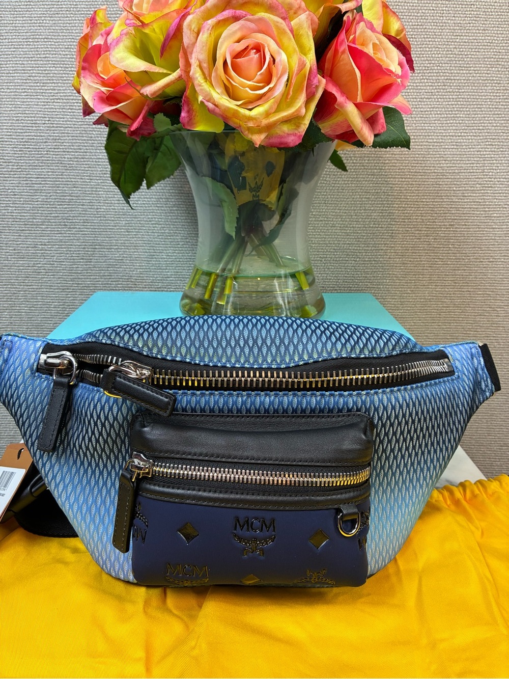 MCM Mixed Material Fursten Fabric Blue Belt Bag - NWT Retail $580
